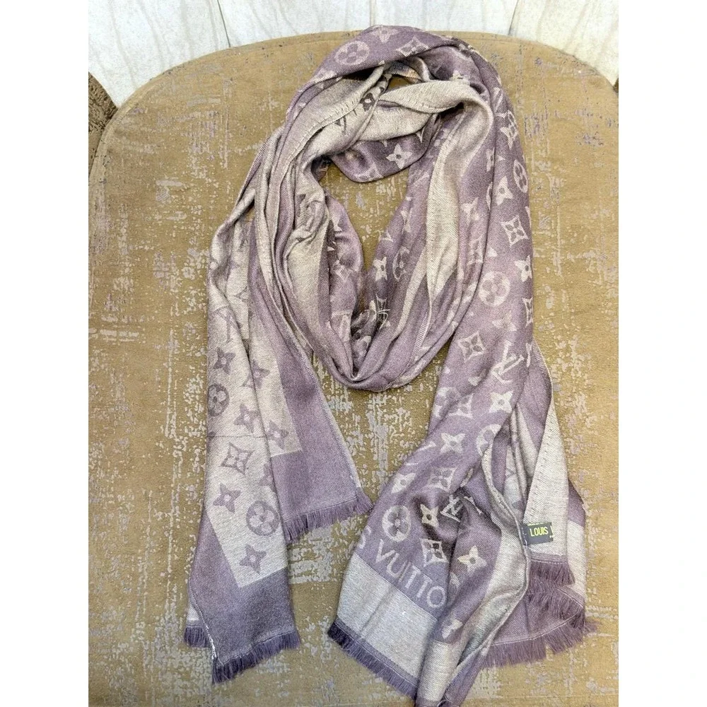 Louis Vuitton Monogram Shine Shawl Amarante Purple Brown Silk Blend Scarf Fringe